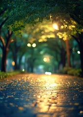 Evening path through a park, soft focus, warm light