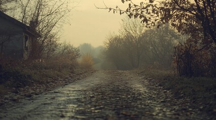 Foggy autumnal path through a rural landscape