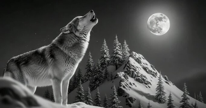 Lonely wolf howling at full moon in snowy mountains