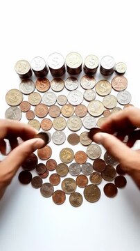 Hands Arranging and Counting Various Coins on White Background, Top View