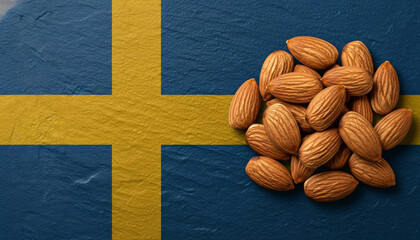A cluster of natural almonds sits on a dark, textured surface alongside the iconic Swedish flag.