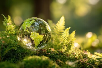 Crystal Globe with Green Map on Moss with Ferns and Forest Background Shining with Sunlight in Concept for Earth Day and Environmental Awareness