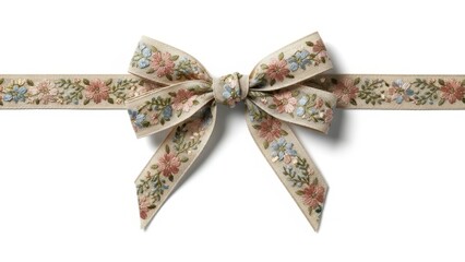 Vintage floral embroidered ribbon bow, elegant linen fabric gift wrap decoration, rustic textile bow with pastel flower pattern on white background