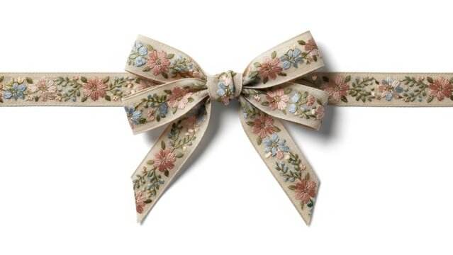 Vintage floral embroidered ribbon bow, elegant linen fabric gift wrap decoration, rustic textile bow with pastel flower pattern on white background