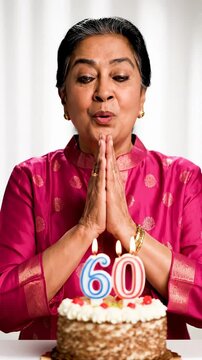 Smiling Woman Celebrating 60th Birthday With Cake and Candles, Blowing Out Candles