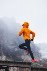 Obraz premium Fitness woman trail runner running in grassland with snow capped mountains in the background