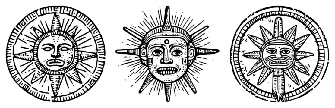 Ancient aztec sun stone disks with faces in vintage engraving style