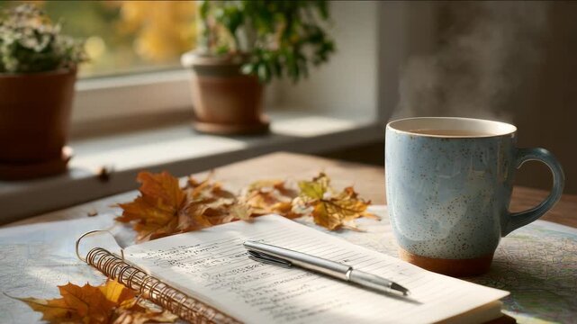 Cozy workspace with notebook, coffee mug, and autumn decor on map background. Travel itinerary and budget notes on clipboard, pen, map, evoking warm autumn planning vibes