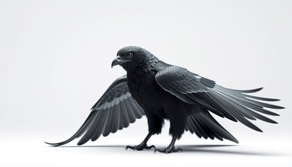 Obraz premium Isolated black bird with widespread wings against white background
