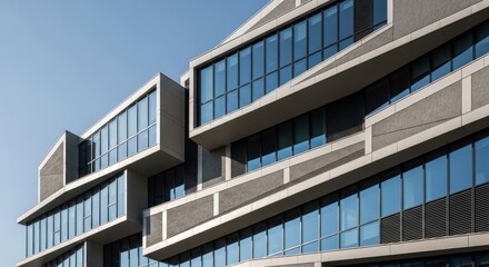 Modern architectural building with glass windows and a clear blue sky background