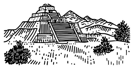 Ancient mayan pyramid temple landscape with mountains in sketch style