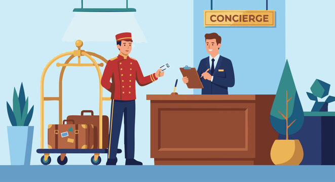 Bellboy Working with Concierge
A flat vector illustration of a bellboy coordinating with a concierge. Clipboard or luggage ticket visible. Flat vector style, teamwork in hotel service.
