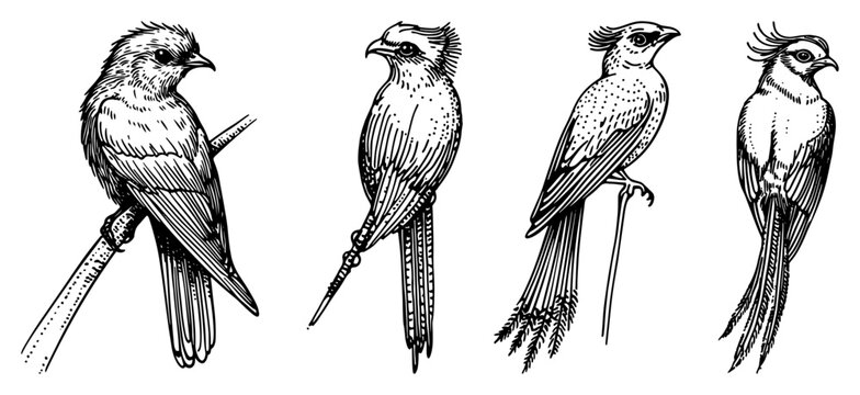 Collection of tropical exotic birds sitting on branches in engraving style
