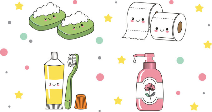 Cute bathroom hygiene items cartoon illustration with toothpaste toothbrush soap toilet paper and dispenser