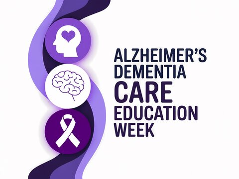 Alzheimers dementia care education week awareness ribbon and icons for support and education