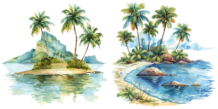 tropical island watercolor vector illustration
