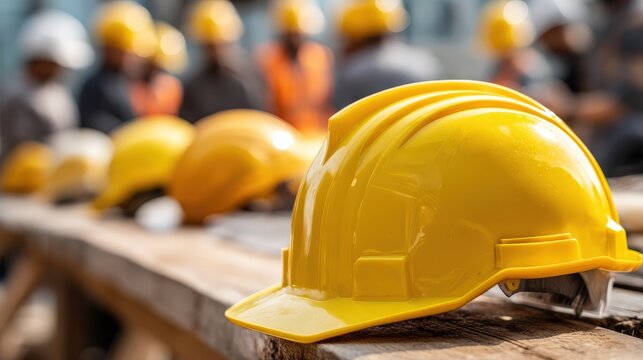 A close-up of yellow hard hats on a construction site, emphasizing safety gear used by workers in various tasks.