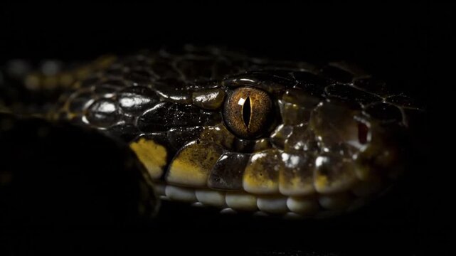 A close-up view of a snake's head showcasing its sharp scales and piercing eyes in a dark environment
