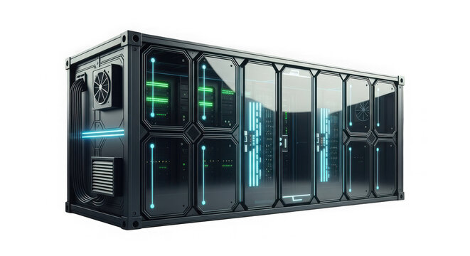 futuristic server cabinet with blue and green lights