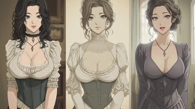 3D Animation of Busty Anime Woman in Victorian Era Wearing Luxurious Dress with Elegant Pose
