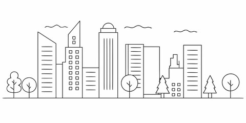 Obraz premium Minimalist line art illustration of a modern cityscape with trees
