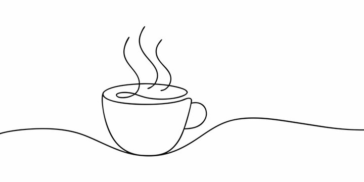 Minimalist one line drawing of a steaming hot beverage in a cup