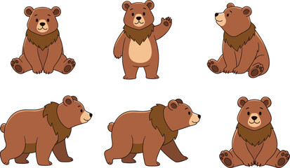 Fototapeta premium Cute brown bear cartoon character set, grizzly bear mascot in different poses, sitting, walking, waving, vector illustration isolated on white background