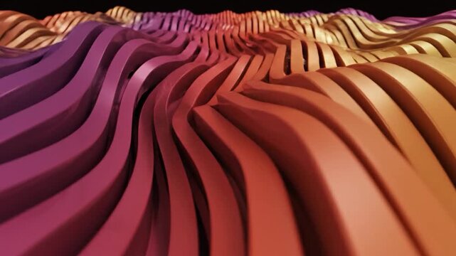 Undulating abstract waves of colorful parallel ribbons in a vibrant purple-orange gradient