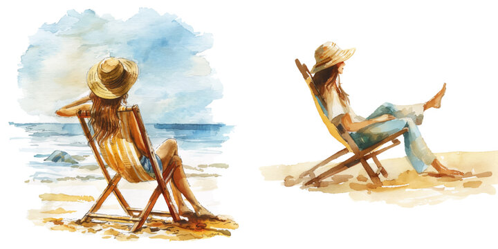 woman chillin on beach chair in summer watercolor vector illustration