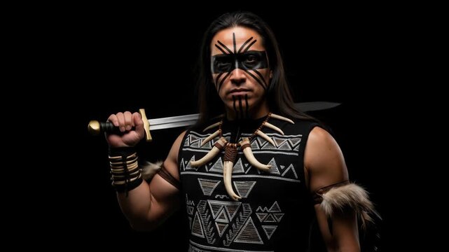 Warrior with Face Paint and Sword in Dark Studio Setting.