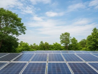 Solar panels on a rooftop with trees and blue sky in the background