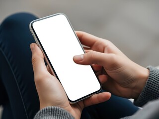 Person holding a smartphone with a blank white screen in their hands