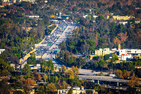 Busy Highway 101 through Hollywood aerial view