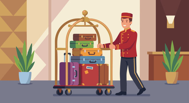 Bellboy Handling Multiple Suitcases
A flat vector illustration of a bellboy skillfully managing multiple suitcases on a trolley. Flat vector style, efficiency and service excellence theme.