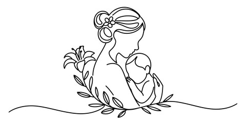 A beautiful minimalist line art depicting the loving bond between a mother and her child Vector, illustration © Creative_Outline2019