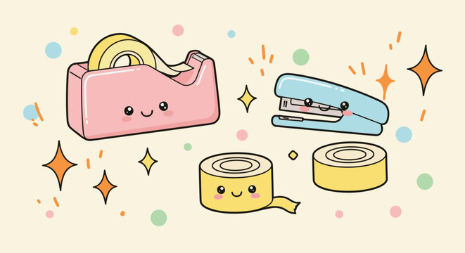 Cute office supplies illustration with tape dispenser stapler and adhesive rolls kawaii stationery design
