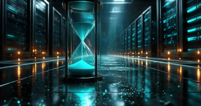 Futuristic server room with glowing blue hourglass symbolizing data processing time