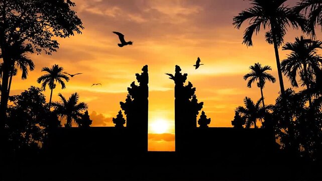 Stunning Sunset Silhouette of Balinese Temple Gate with Palm Trees and Flying Birds.