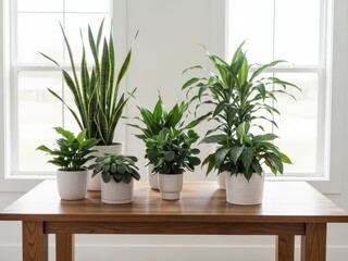 Fototapeta premium Several potted plants on a wooden table in a bright room with white walls and windows