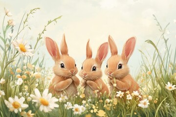 Obraz premium Three adorable bunny rabbits nestled in a field of daisies enjoying a spring day soft pastel colors whimsical