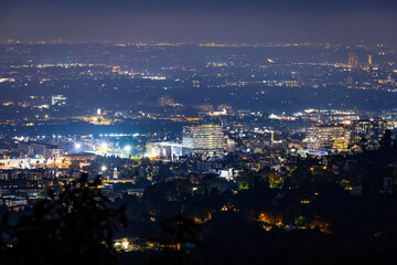 Fototapeta premium Hollywood city illuminated aerial night view