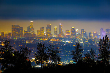Fototapeta premium Los Angeles city illuminated skyscrapers aerial night view