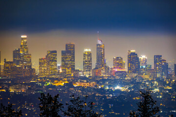 Obraz premium Los Angeles city illuminated skyscrapers aerial night view