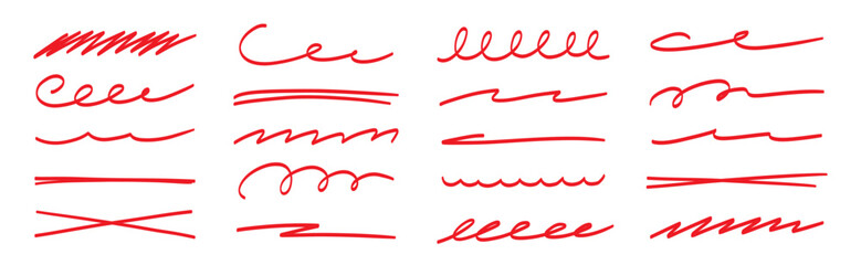 Obraz na płótnie Canvas Red brush stroke underline collection. Marker pen highlight stroke pack. Vector swoosh brush underline set for accent, marker emphasis element. Vector illustration