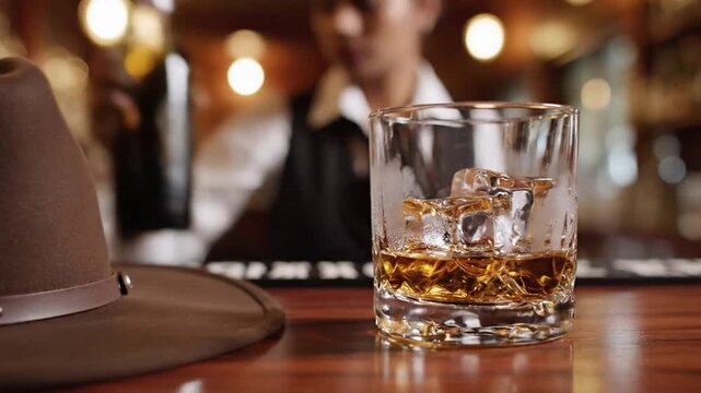 Silent moment at the bar with a hat and a glass of whiskey reflecting warm ambient lighting