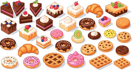 Large collection of sweet pastries and bakery items featuring colorful donuts cream cakes chocolate biscuits and croissants for cafe menu and pastry shop
