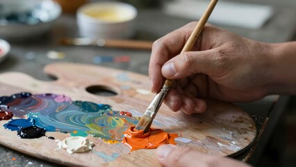 Obraz premium Artist's hand mixing vibrant orange paint with a brush on a wooden palette