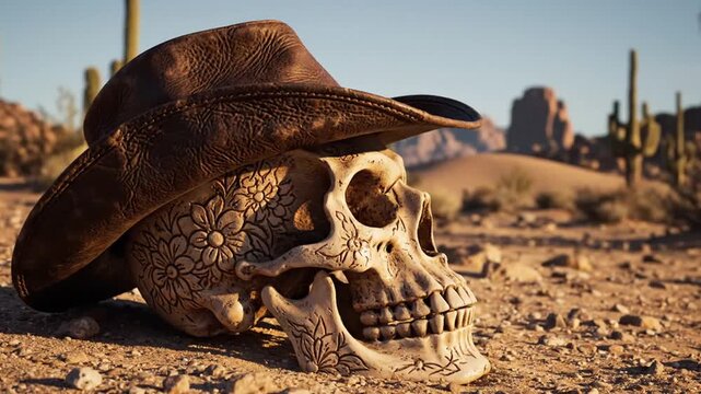 Desert Skull with Cowboy Hat and Floral Patterns under a Clear Sky in a Remote Arid Landscape