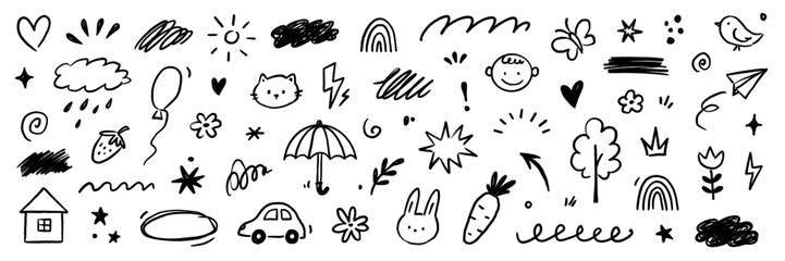 Plakat Kid icon line cute element set. Kid icon sketch with line outline and hand drawn art on paper cloud, flower, house background. Childish children cartoon play rainbow, heart, sun. Vector illustration