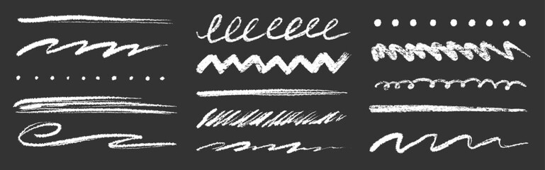 Fototapeta na wymiar Hand drawn chalk underline brush strokes set on blackboard. Crayon texture brush stroke underline sketch paint for doodle border, pastel chalk pencil paint scratch, squiggle. Vector illustration